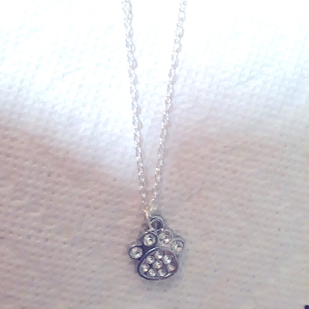 Silver Crystal Paw Print Necklace Cat Dog Rhinestones Hand Crafted NEW